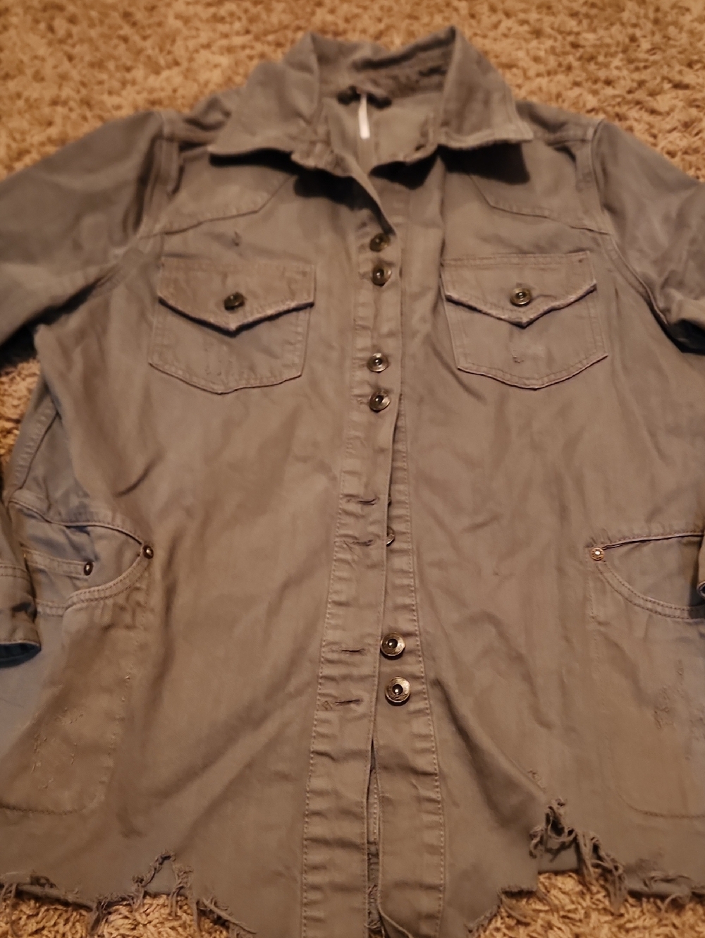Free People Olive Green Utility Jacket with Distressed Hem Size Small - Picture 3 of 16
